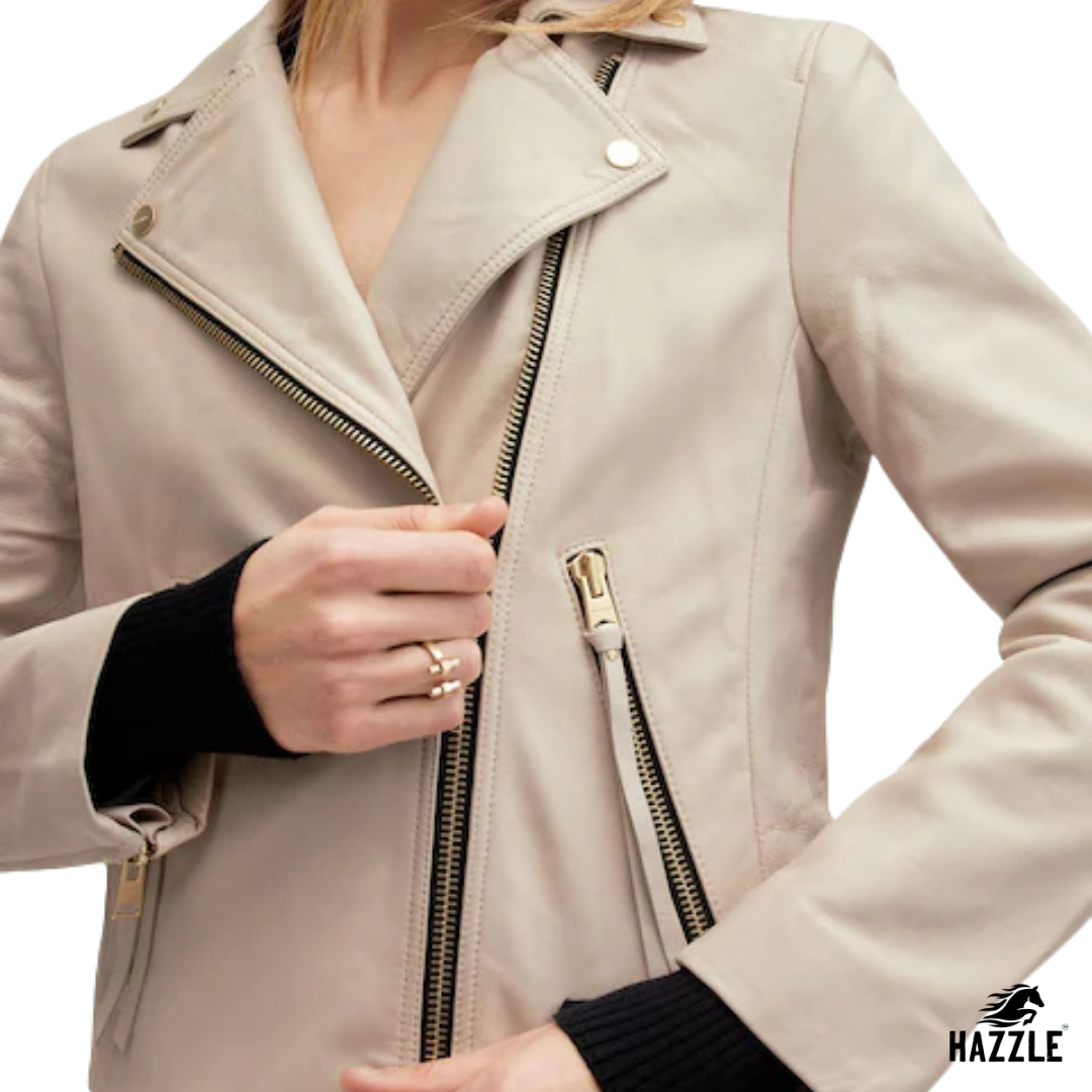 Ivory White Dalby White Leather Biker Jacket