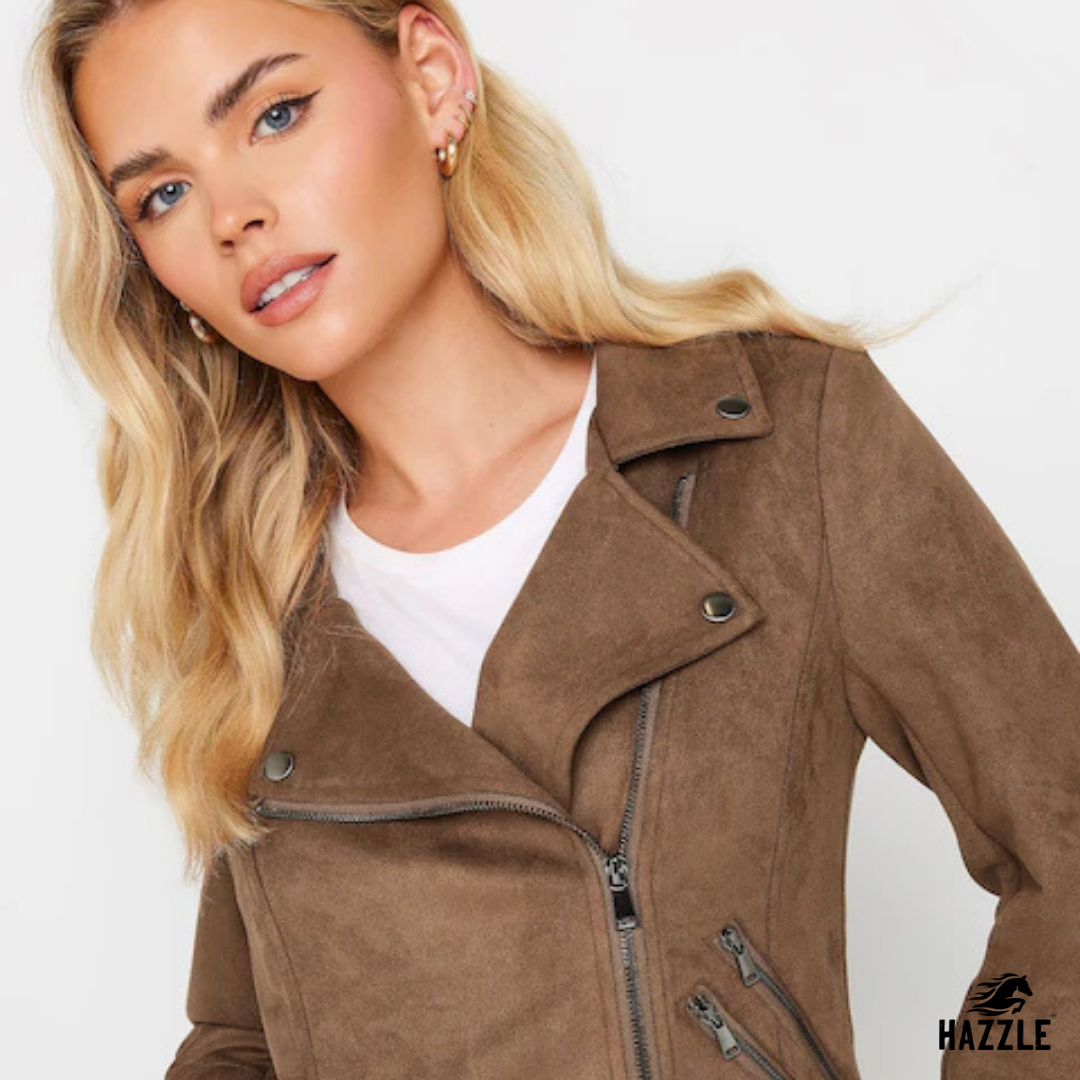 Petite Brown Faux Suede Biker Jacket