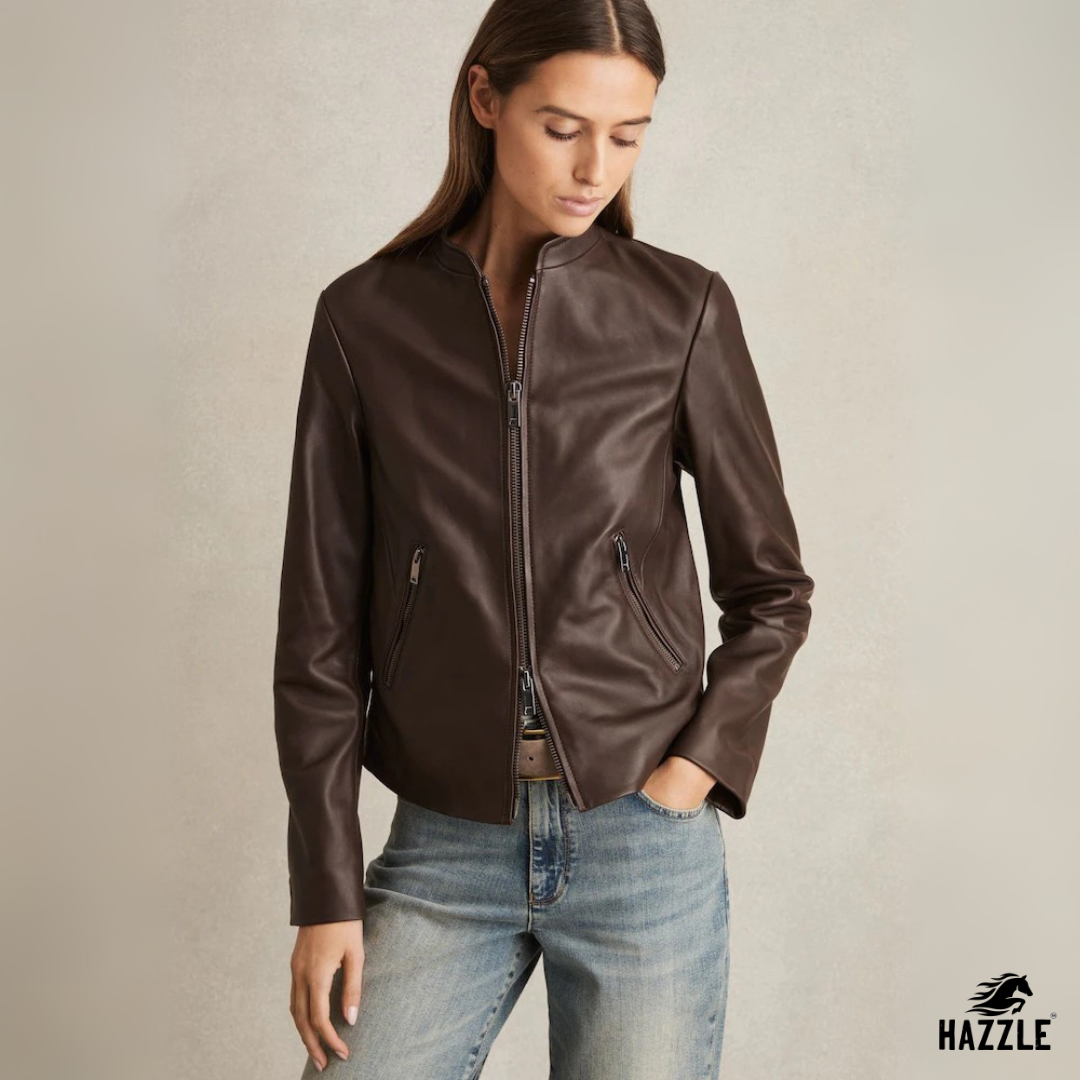 Reiss Chocolate Brown Allie Leather Collarless Biker Jacket