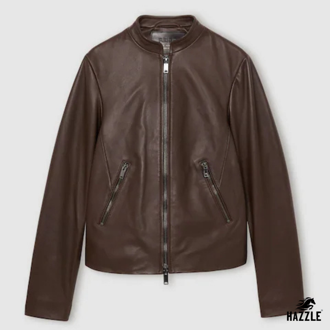 Reiss Chocolate Brown Allie Leather Collarless Biker Jacket
