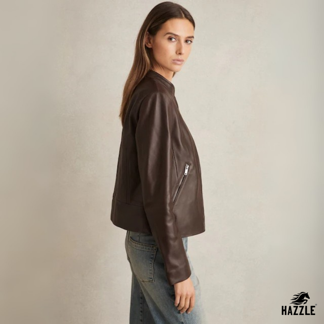 Reiss Chocolate Brown Allie Leather Collarless Biker Jacket