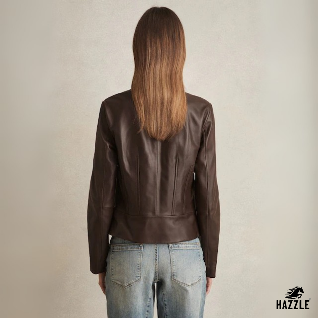 Reiss Chocolate Brown Allie Leather Collarless Biker Jacket