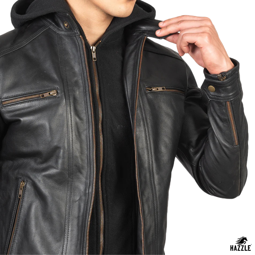 Hector Hooded Leather Biker Jacket black