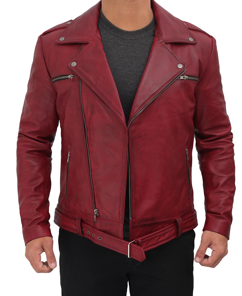 Menโs Maroon Leather Biker Jacket