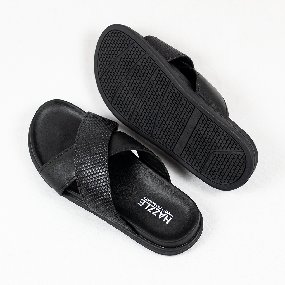 Hazzle Comfort Cross Black Leather Sandal