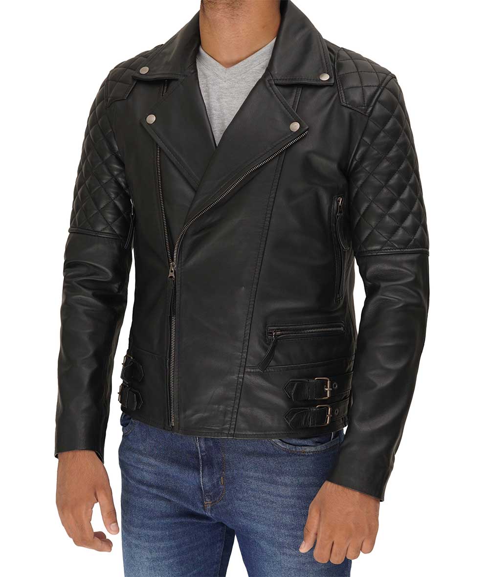 Menโs Quilted Black Leather Biker Jacket