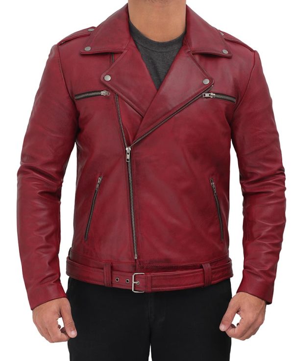 Menโs Maroon Leather Biker Jacket
