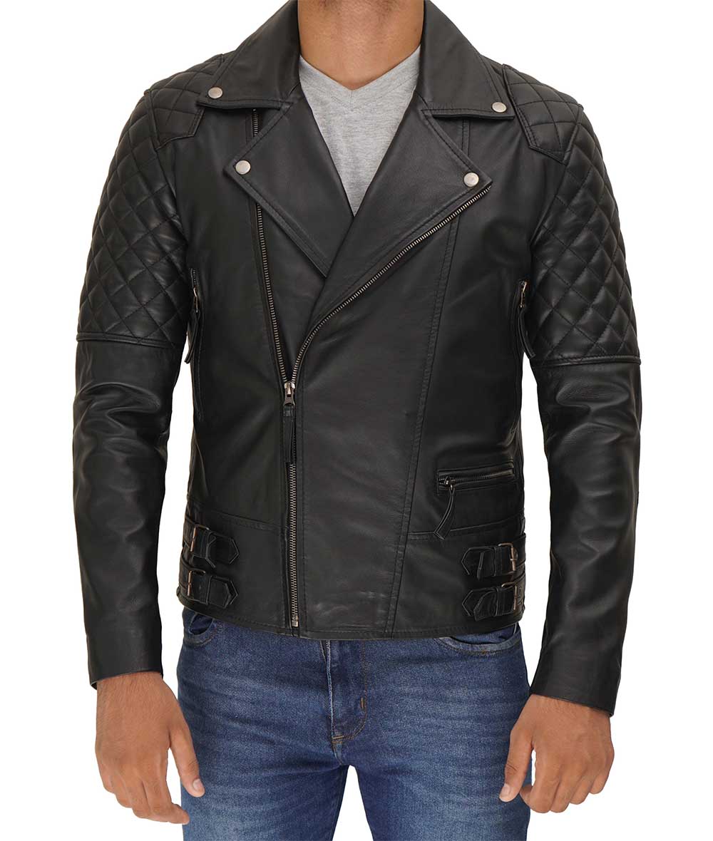 Menโs Quilted Black Leather Biker Jacket
