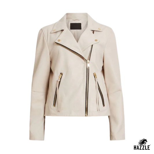 Ivory White Dalby White Leather Biker Jacket