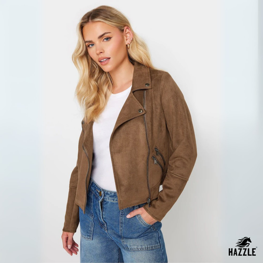 Petite Brown Faux Suede Biker Jacket