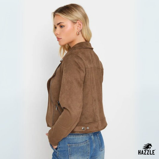 Petite Brown Faux Suede Biker Jacket