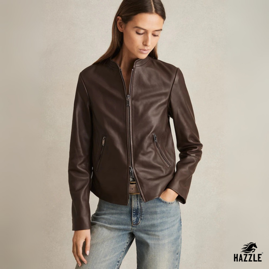 Reiss Chocolate Brown Allie Leather Collarless Biker Jacket
