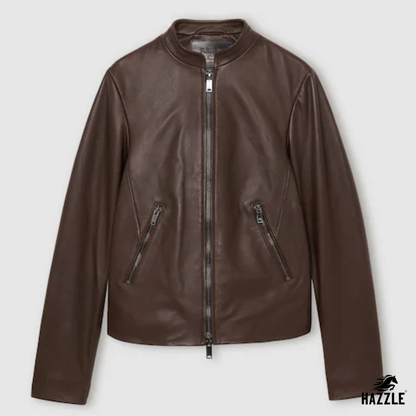 Reiss Chocolate Brown Allie Leather Collarless Biker Jacket