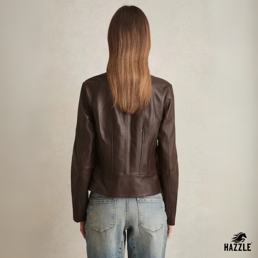 Reiss Chocolate Brown Allie Leather Collarless Biker Jacket