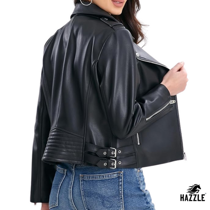 Ladies Black Leather Biker Jacket