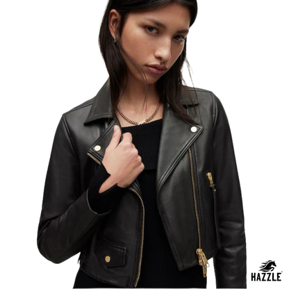 AllSaints Black Elora Black Slim Leather Biker Jacket