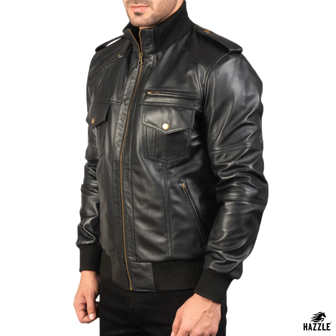 Agent Shadow Leather Bomber Jacket black