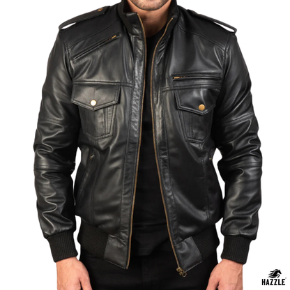 Agent Shadow Leather Bomber Jacket black