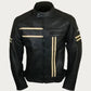 Men's Black With Beige Stripes Biker Leather Jacket