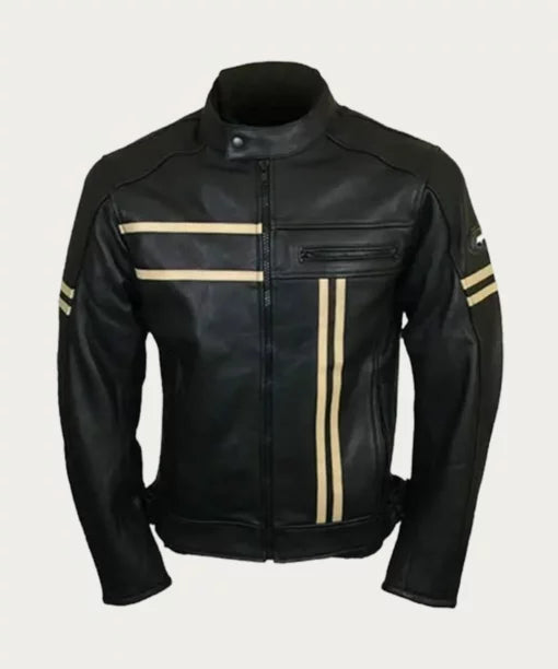 Men's Black With Beige Stripes Biker Leather Jacket