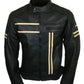 Men's Black With Beige Stripes Biker Leather Jacket