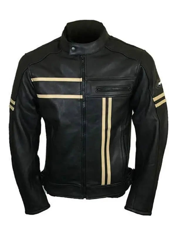 Men's Black With Beige Stripes Biker Leather Jacket