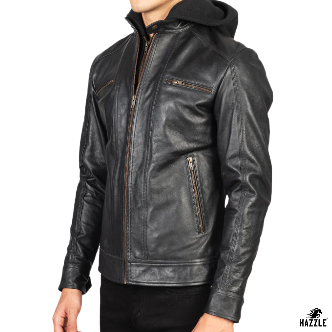 Hector Hooded Leather Biker Jacket black