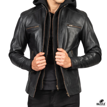 Hector Hooded Leather Biker Jacket black