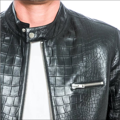 Crocodile Embossed Biker Leather Jacket For Men - Alligator Print