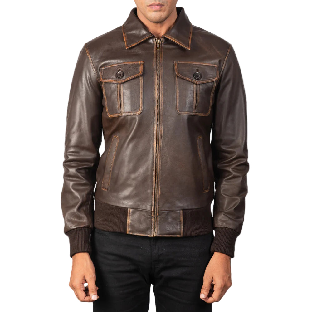 Men's Four Pockets Brown Bomber Leather Jacket