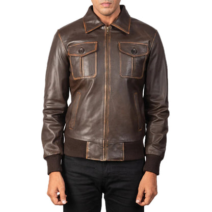 Men's Four Pockets Brown Bomber Leather Jacket