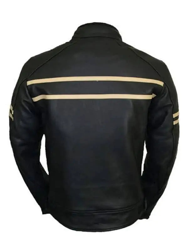 Men's Black With Beige Stripes Biker Leather Jacket