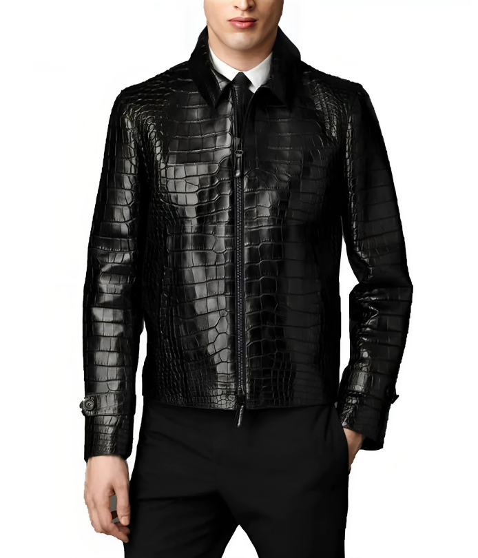 Crocodile Embossed Biker Leather Jacket For Men - Alligator Print