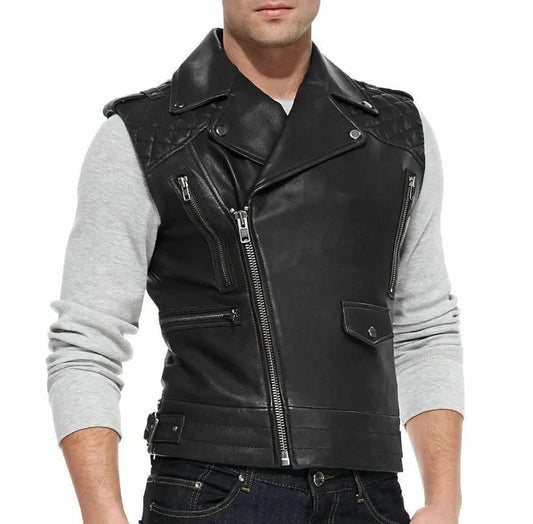 Men's Black Soft Leather Biker Leather Vest