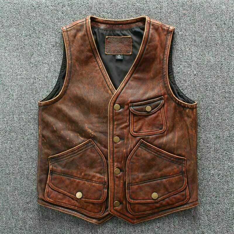 Brown Vintage Real Leather Motorcycle Vest Jacket