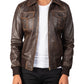 Men's Four Pockets Brown Bomber Leather Jacket