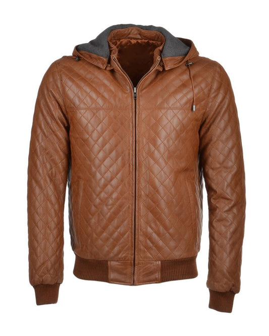 Men's Quilted Detachable Hooded Bomber Leather Jacket