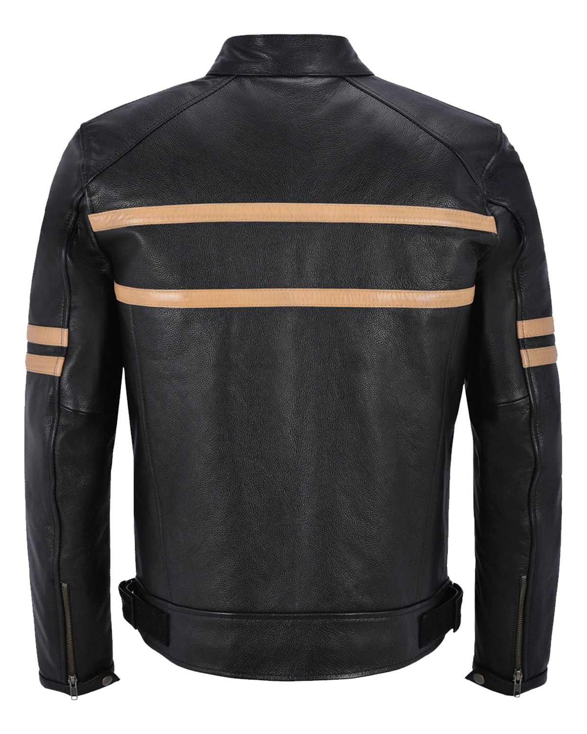 Men's Black With Beige Stripes Biker Leather Jacket