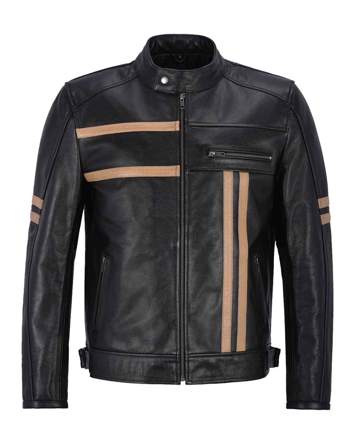 Men's Black With Beige Stripes Biker Leather Jacket