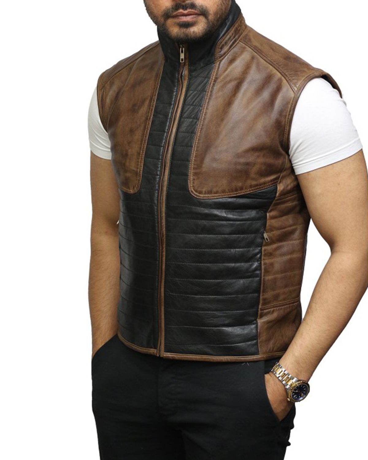 Men's Black and Brown Warmer Leather Vest