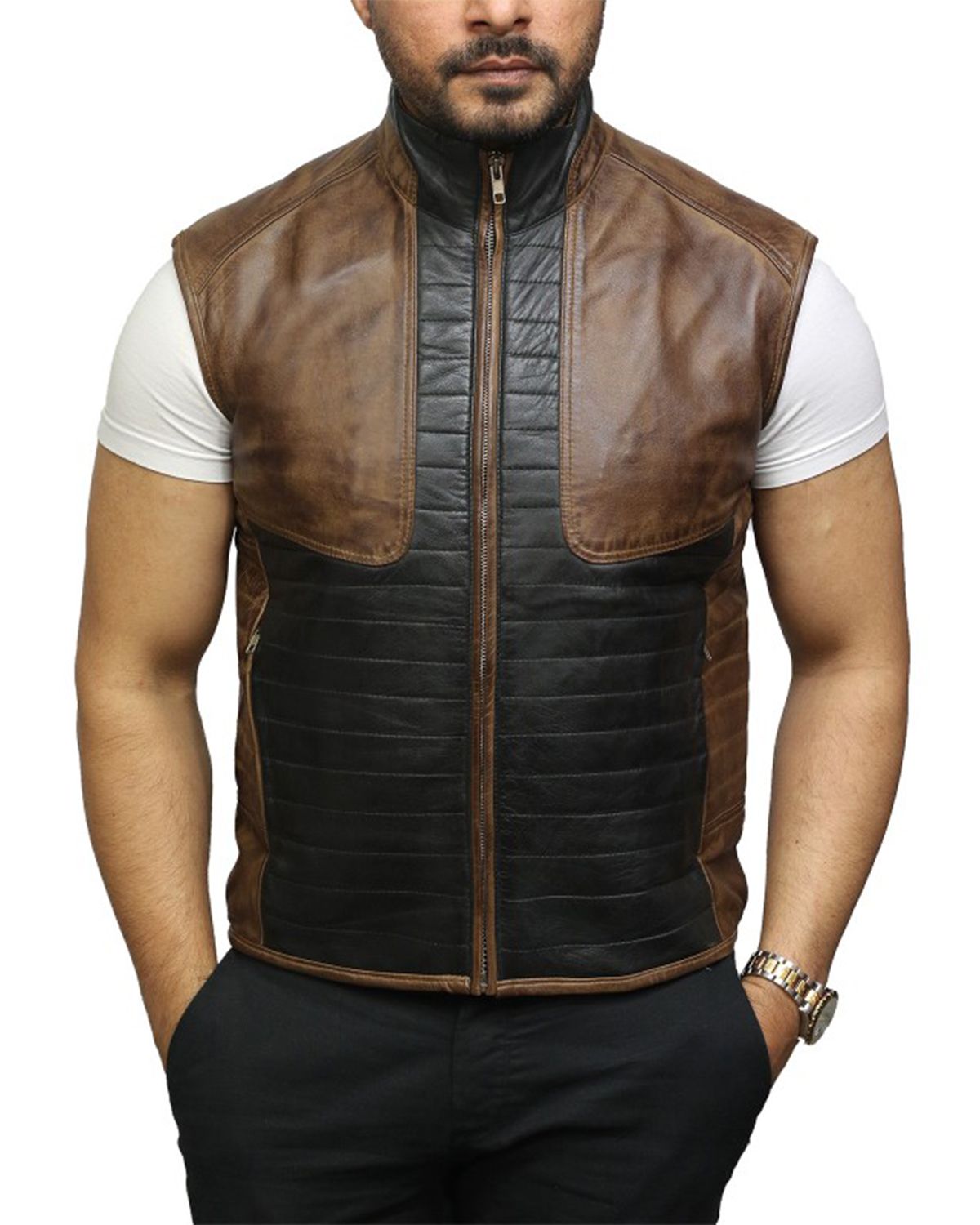 Men's Black and Brown Warmer Leather Vest